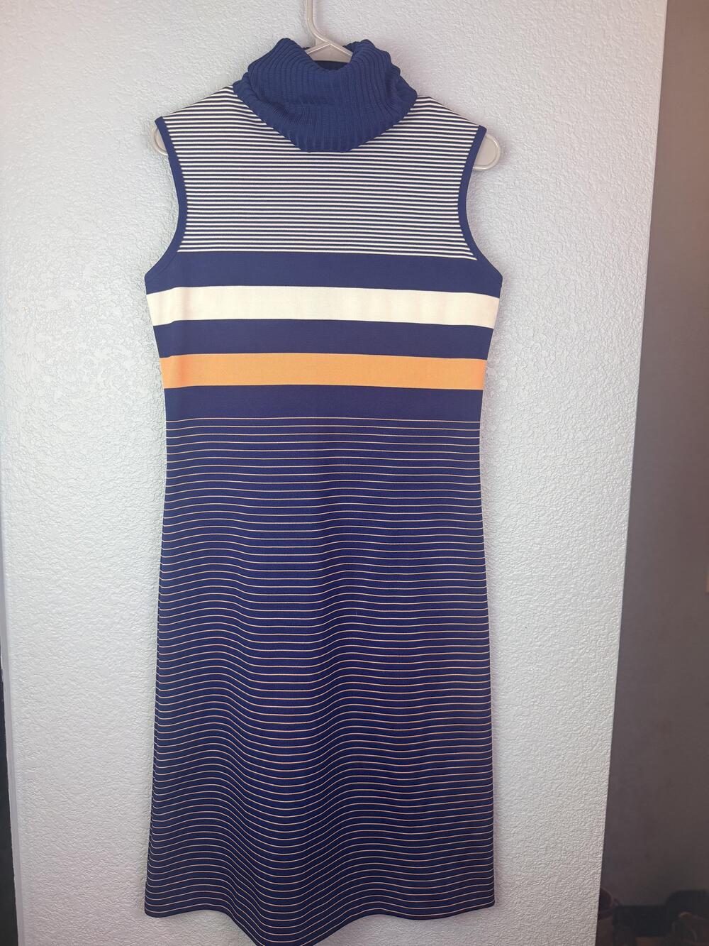 Vintage Evan Wayne Dress Womens 10 Blue Striped Sleeveless Turtleneck 60s Mod